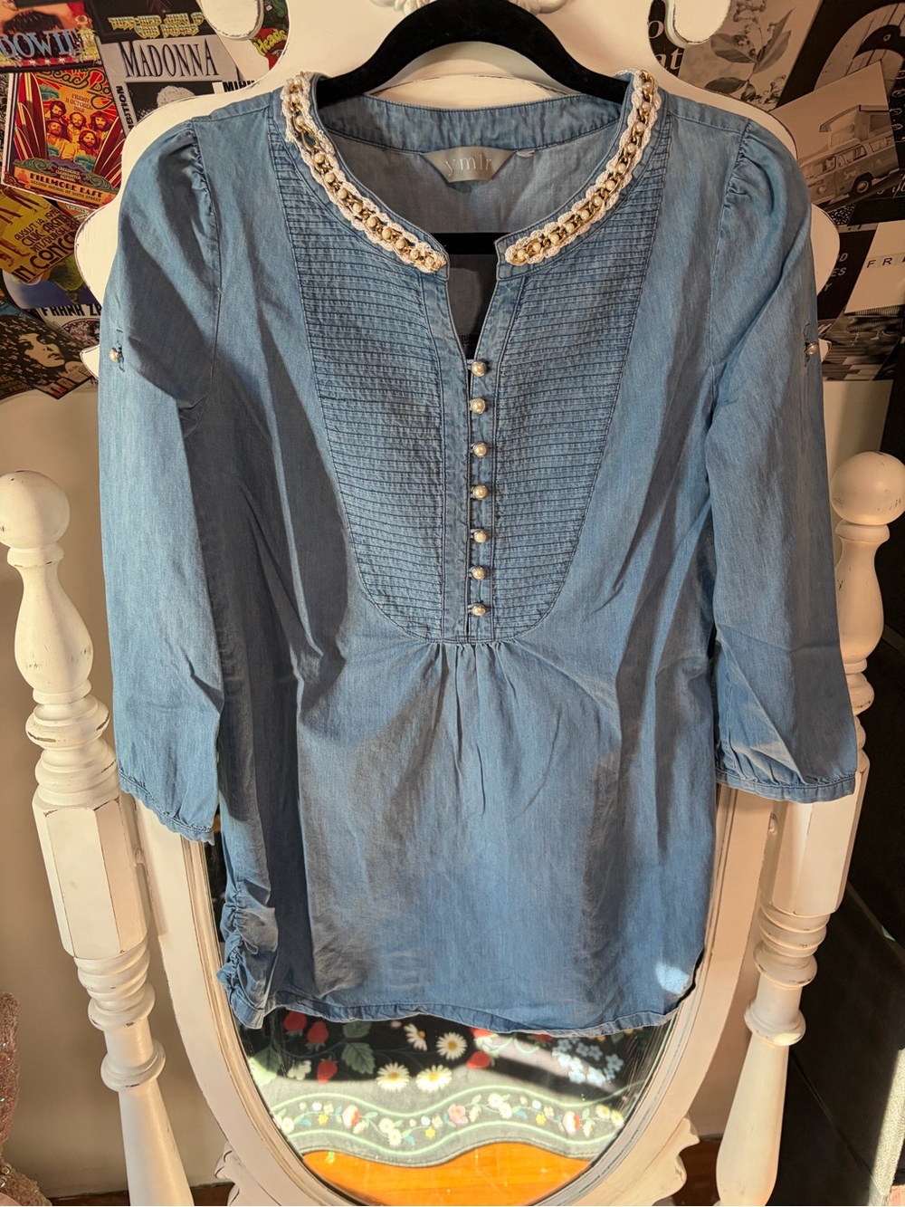 Light Blue Embellished Denim-Effect Tunic Top - Women